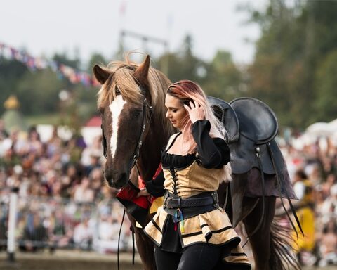 A rider in a gold corset walks beside a chestnut horse with a white blaze, in front of a packed joust-arena crowd.